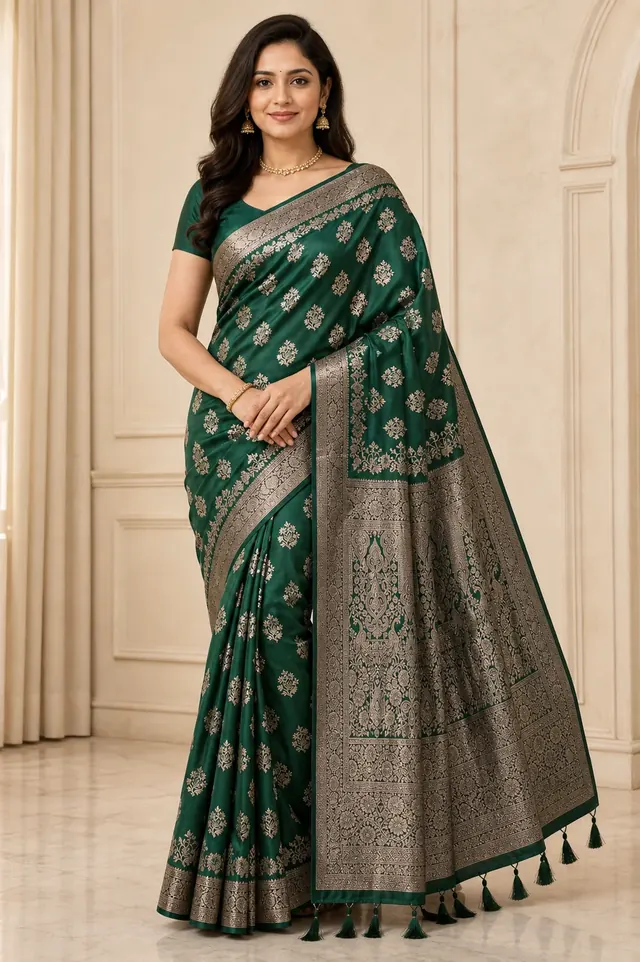 Emerald Katan Silk Floral Saree
