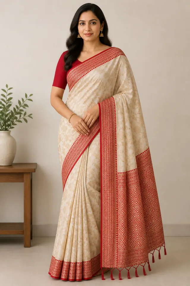 Cream Silk Saree with Deep Red Gold Border