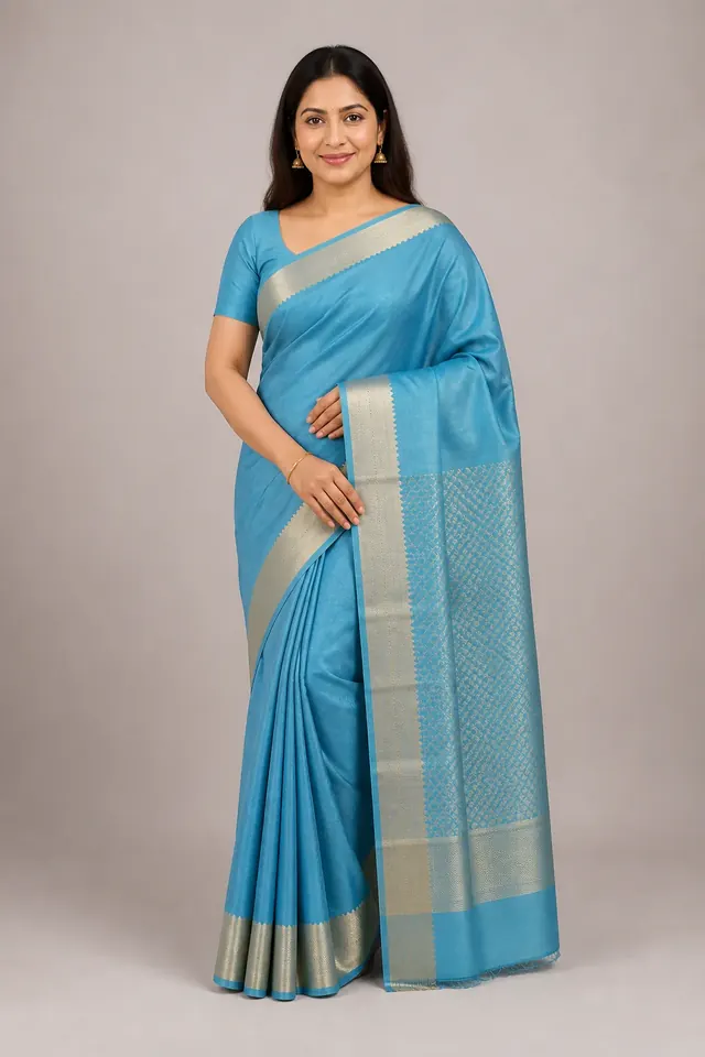 Sky Blue Kanchipuram Silk Saree with Gold Zari Border and Honeycomb Pallu