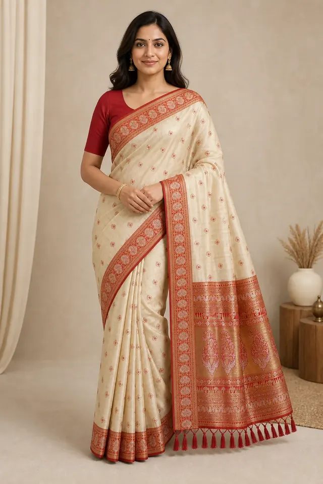 Cream Contrast Tussar Silk Saree with Red Gold Border