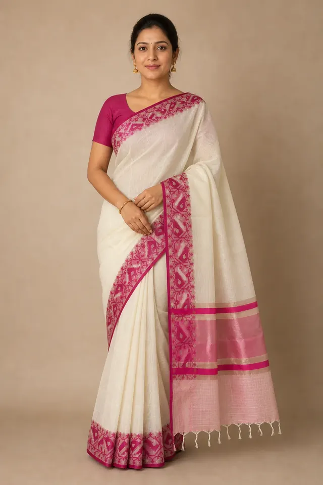Cream Kotha Saree with Magenta Jamdani Border