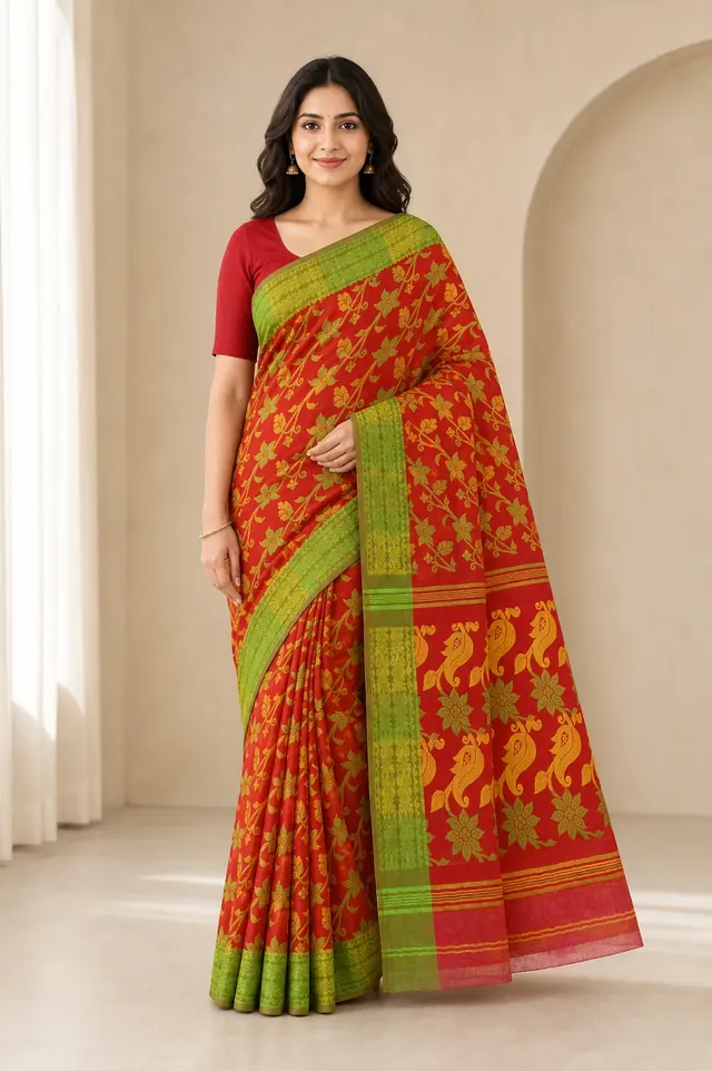 Crimson Red and Green Cotton Jamdani Saree