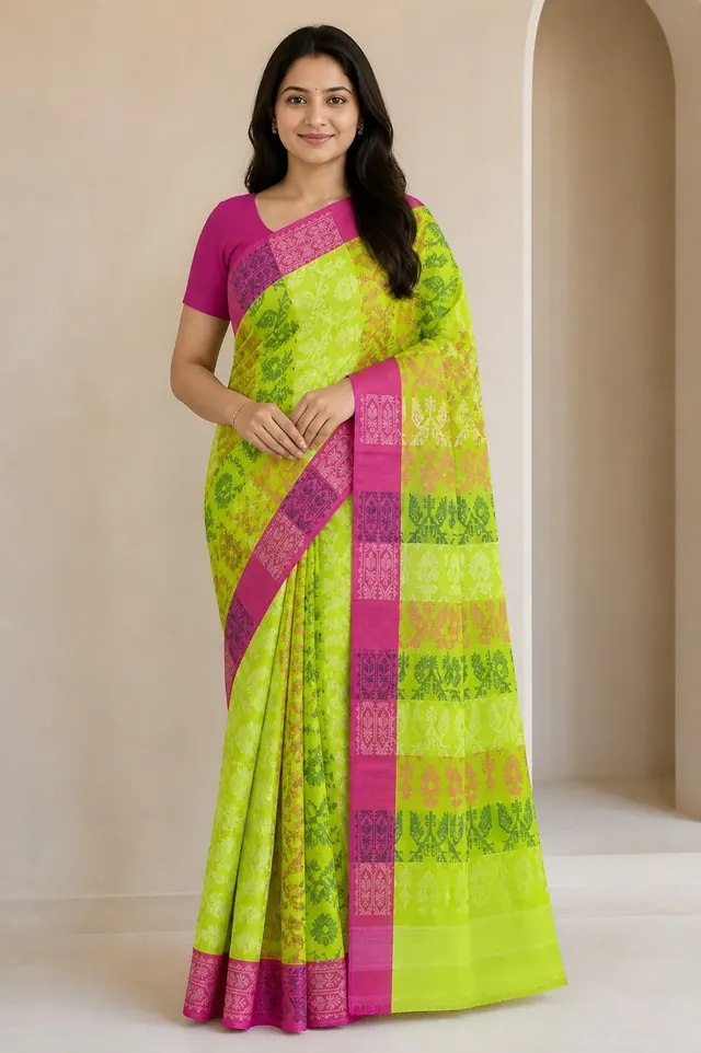 Lime Green and Magenta Cotton Jamdani Saree