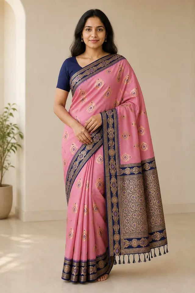Rose Pink Jute Silk Saree with Navy Ornamental Border
