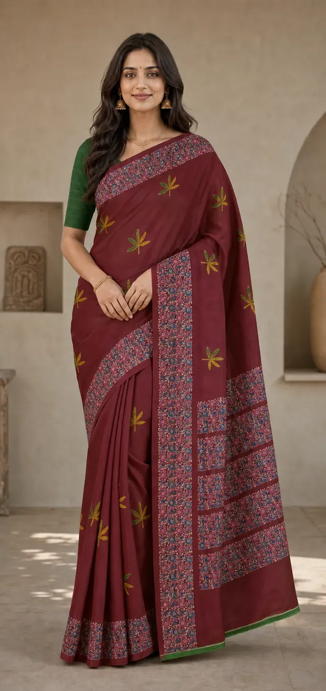 Maroon Leaf Garden Pure Silk Saree