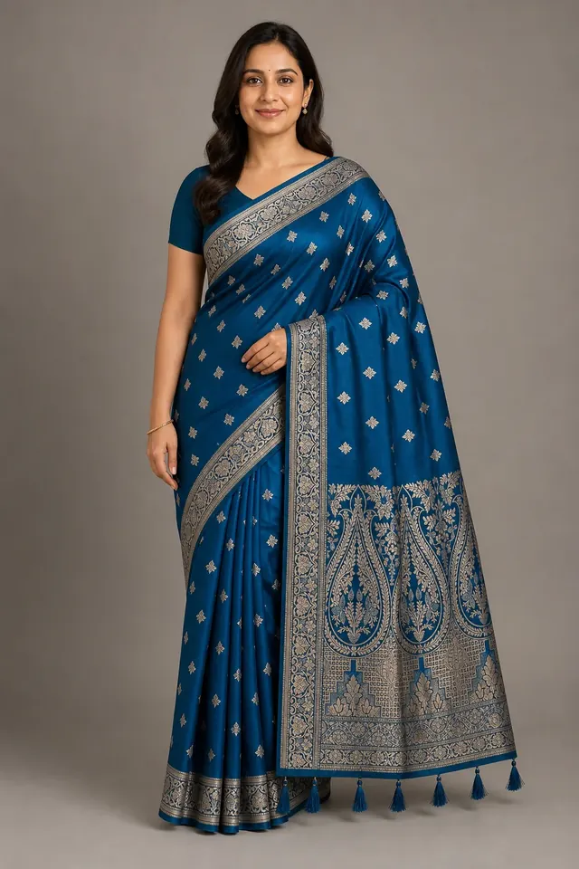 Teal Blue Katan Silk Saree with Metallic Floral Butahs