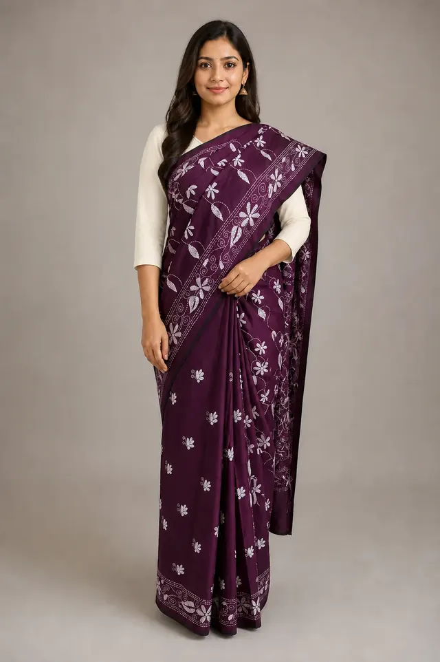 Aubergine Floral Katha Stitch Saree