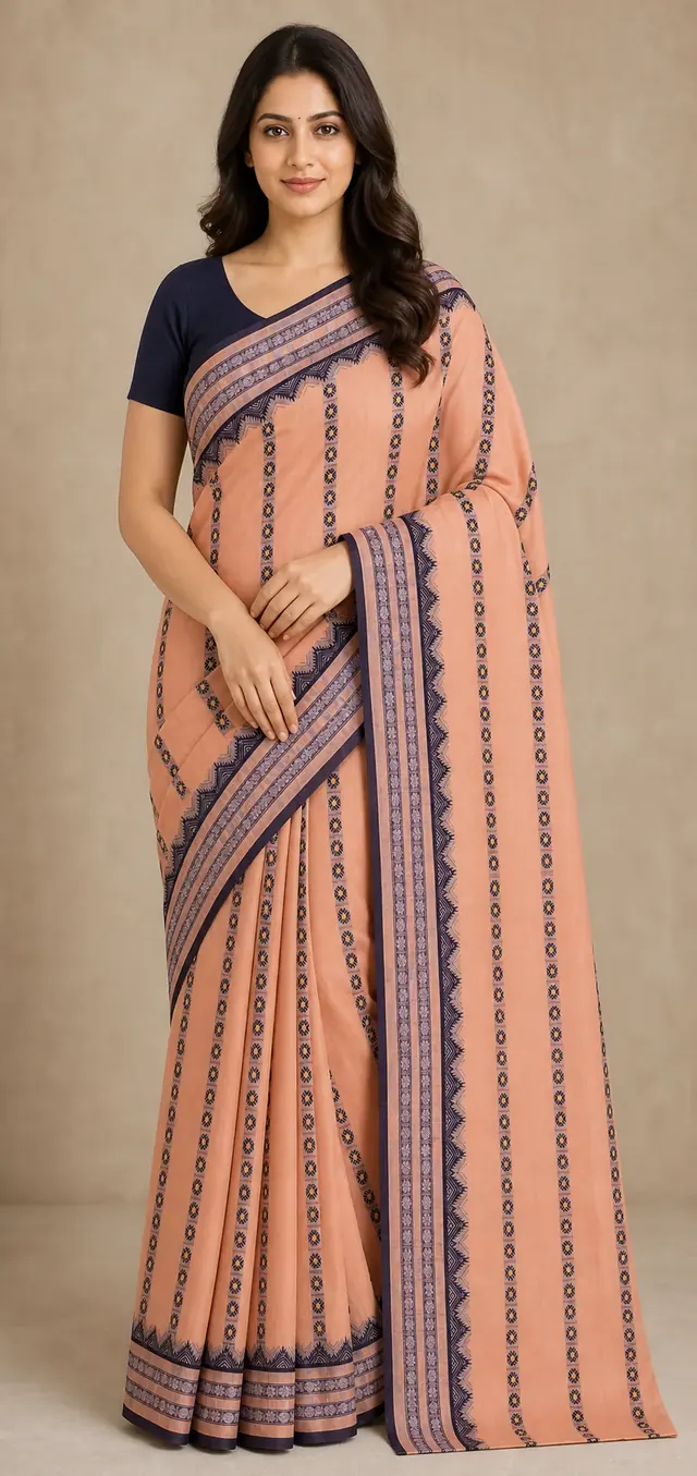 Peach Cotton Tat Saree with Plum Patterned Borders