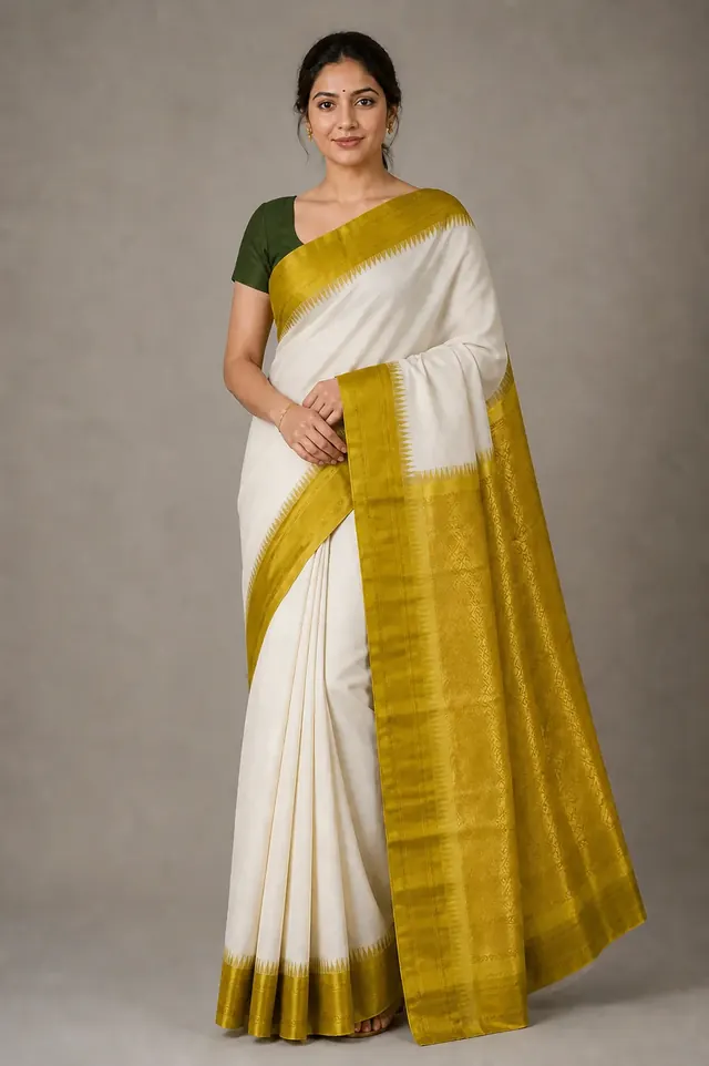 Ivory Cotton gadwal Saree with Olive-Gold silk Geometric Pallu
