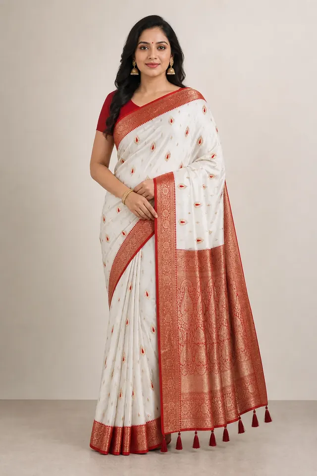 White Katan Saree with Red Gold Border