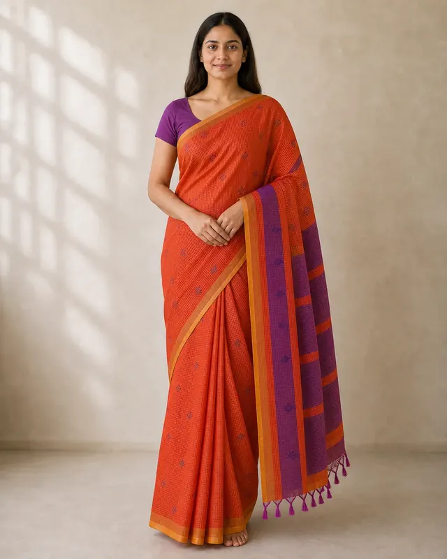 Orange Check Cotton Saree with Purple Pallu