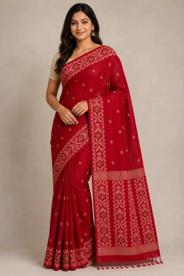 Deep Crimson Fancy Saree with Cream Olive Border
