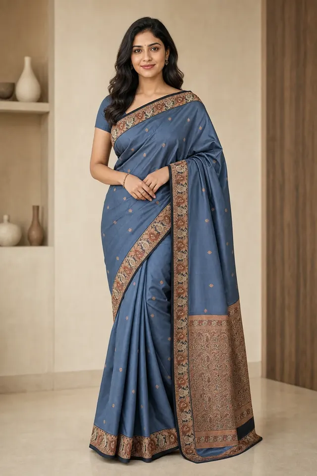 Slate Blue Paisley Border Silk Saree
