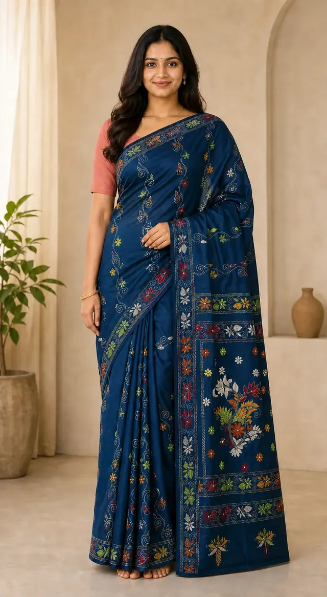 Deep Teal Katha-Stitch Bangalore Silk Blend Saree