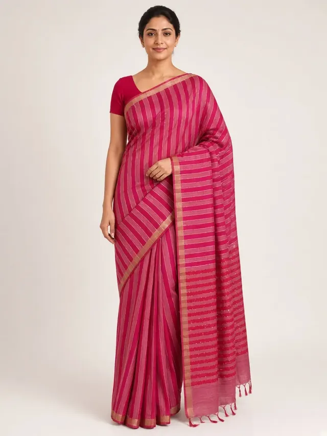 Magenta Striped Bhagalpuri Blended Silk Saree with Sequinned Pallu