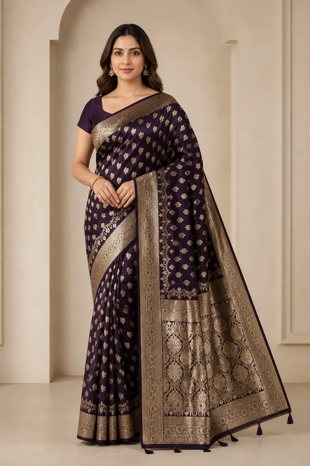 Deep Aubergine Satin Saree with Metallic Floral Borders