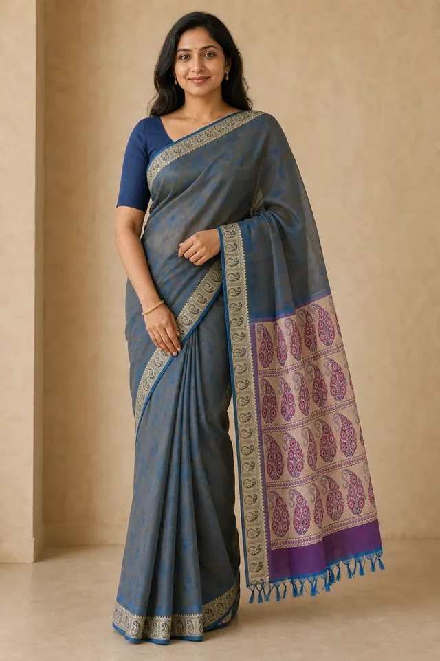 Smoky Blue-Grey Floral Vine Pure Cotton Saree