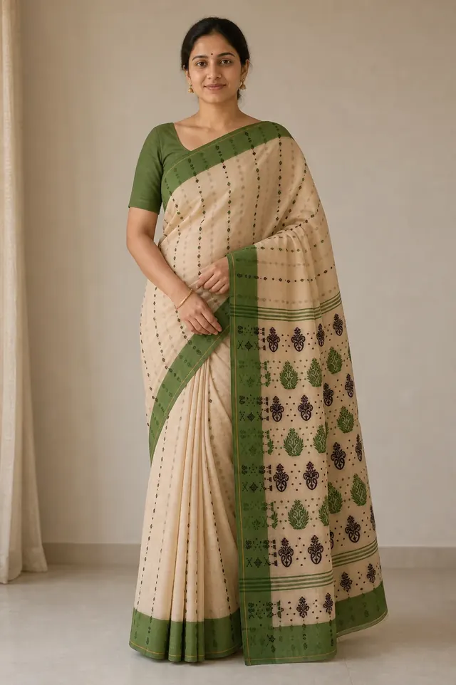 Cream and Leaf Green Cotton Jamdani Saree