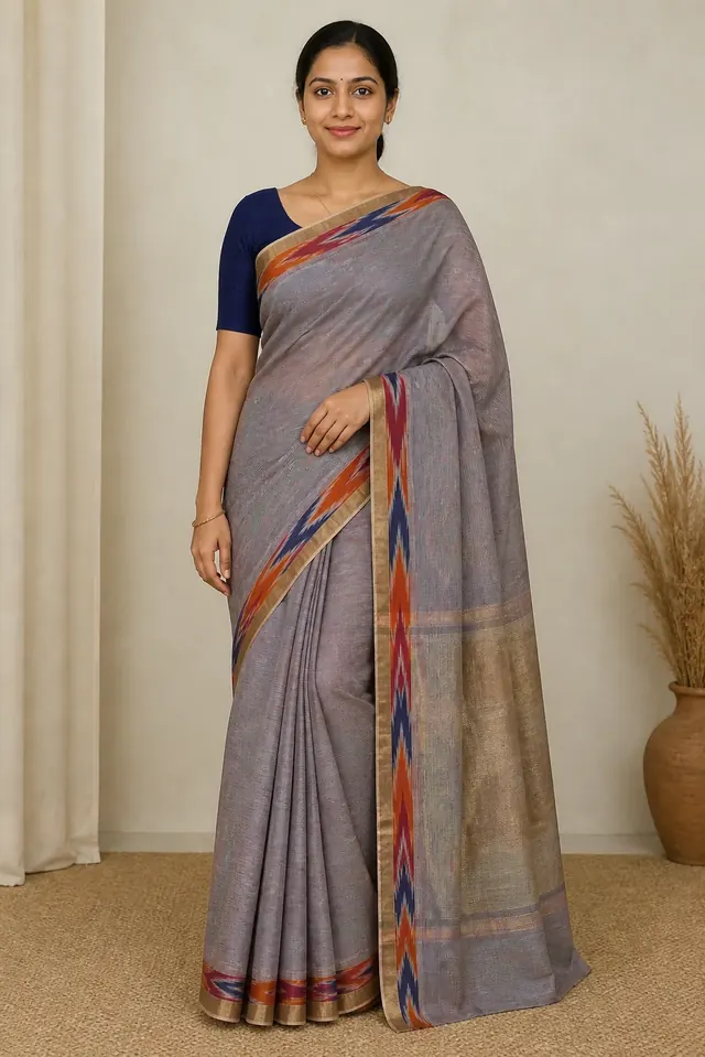 Muted Mauve-Grey Cotton Saree with Multicolour Border