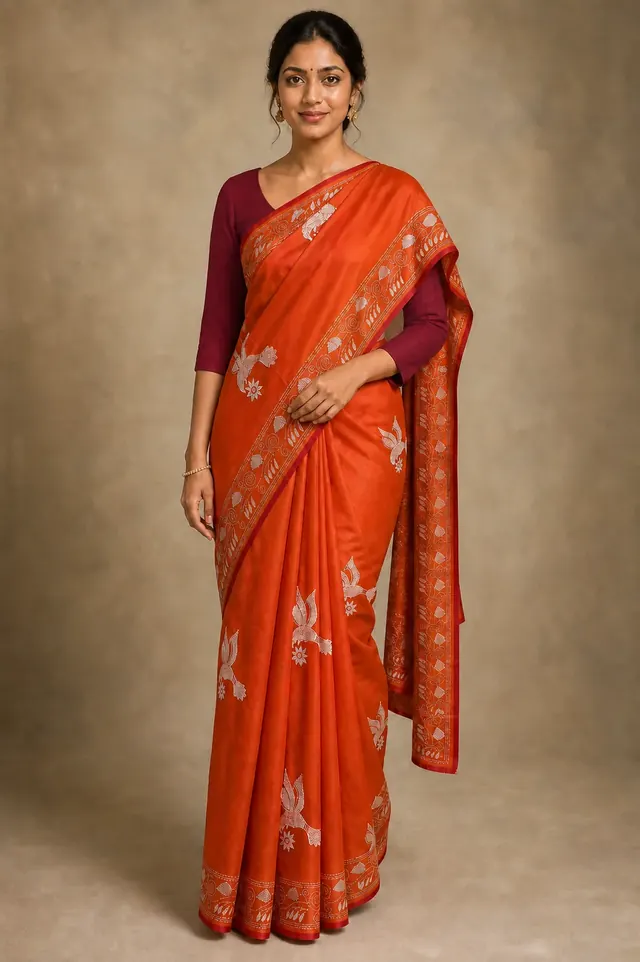 Rust Orange Bird and Lotus Katha Stitch Saree
